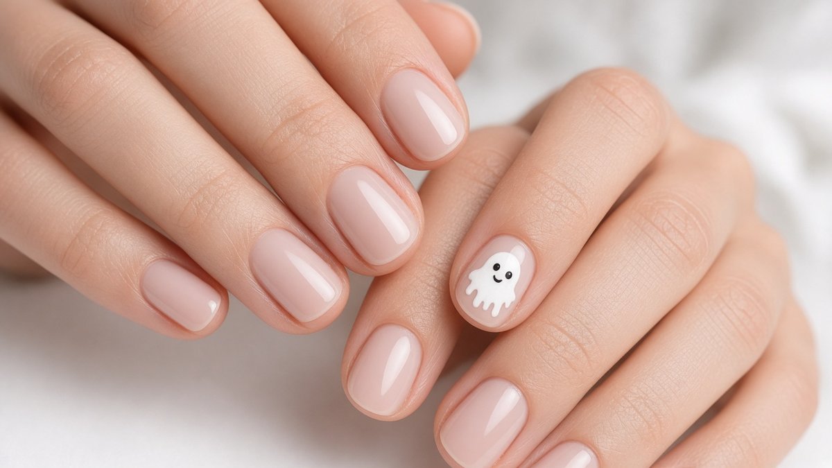 Cute ghost accent nail on milky base — Halloween nail ideas Orlando