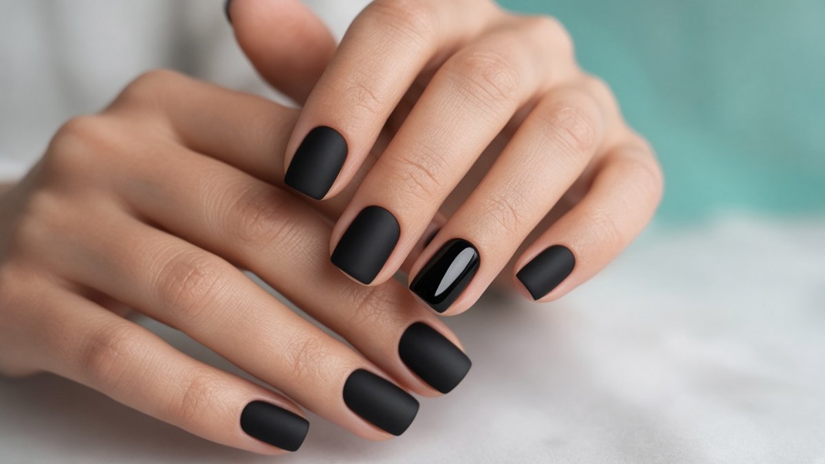 Matte and gloss black Halloween nails at Orlando beauty salon