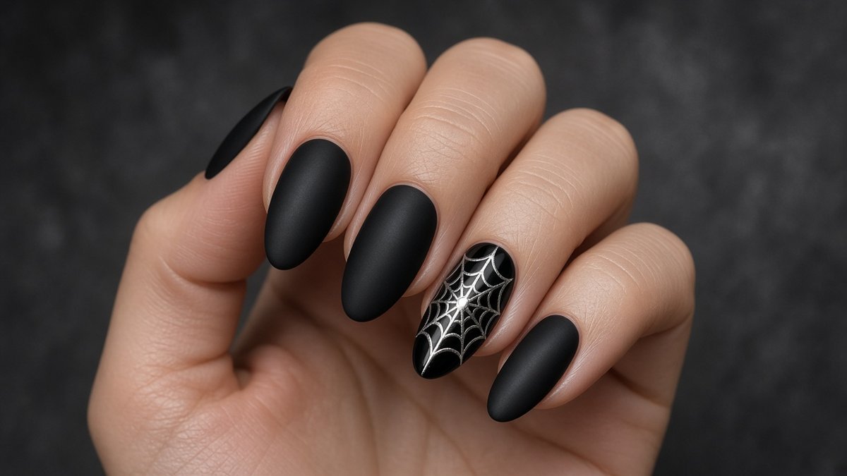 Spooky gel nails with silver spiderweb accent on black Russian manicure